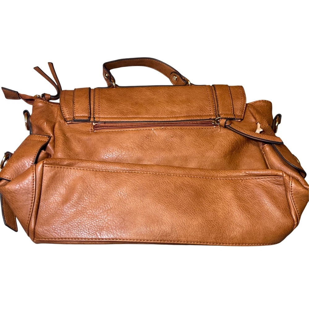 Vintage Style Tan Faux Leather Satchel Bag Plaid Lining Handle Shoulder Strap - Picture 3 of 13